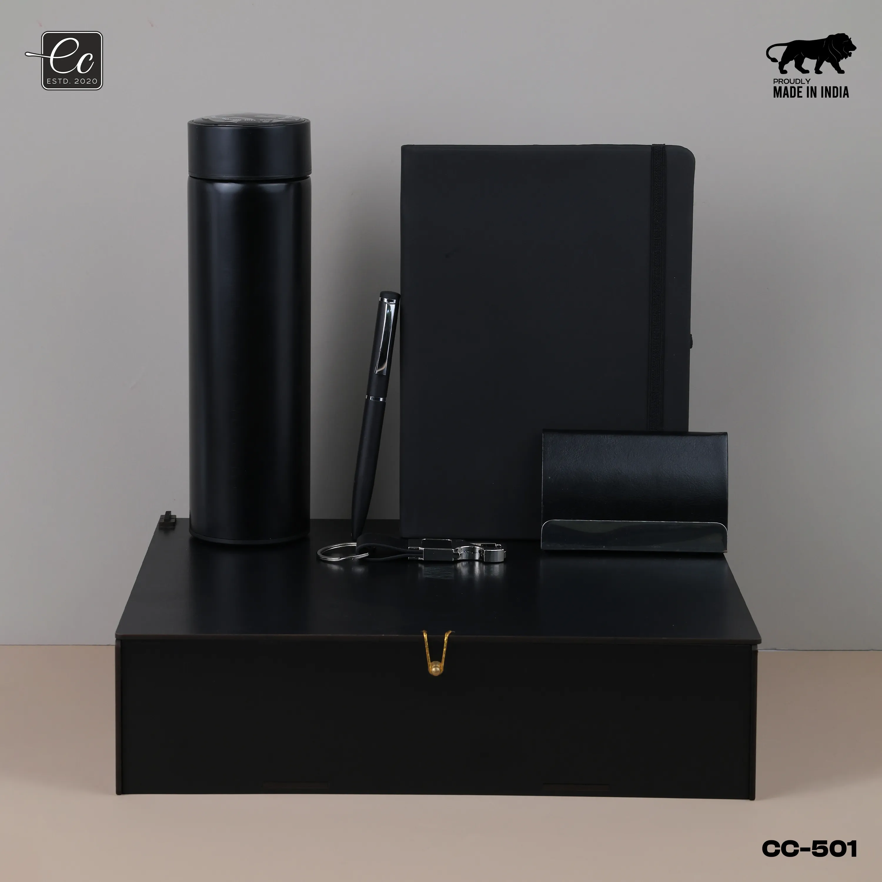 5 in 1 Corporate Gift Set includes Personalized Diary, Pen, Keychain, Card Holder and Temperature Bottle